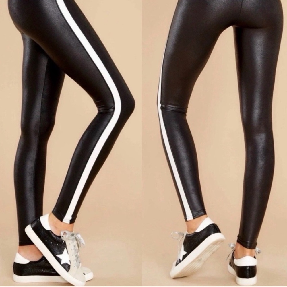Spanx Faux Leather Stripe Leggings Women’s Very Black Hidden Shaping SMALL
